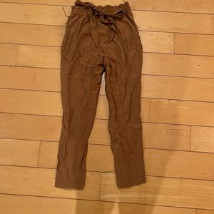 Camel colored flowy pants with tie and cinched waist